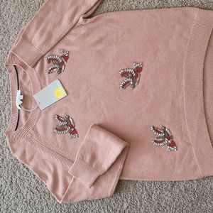Boden Pink Embroidered Crew Neck Sweater